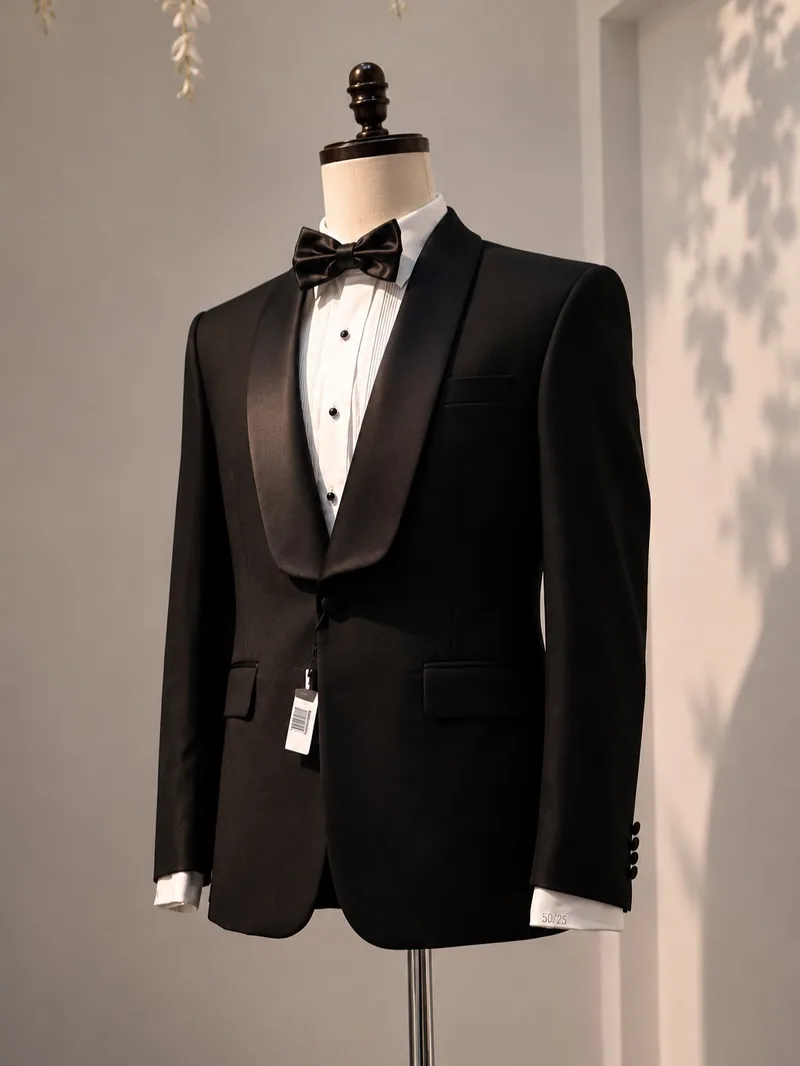 Smoking negro con solapa de satín y moño montado en maniquí